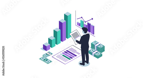Isometric businessman analyzing financial data with charts and stacks of money