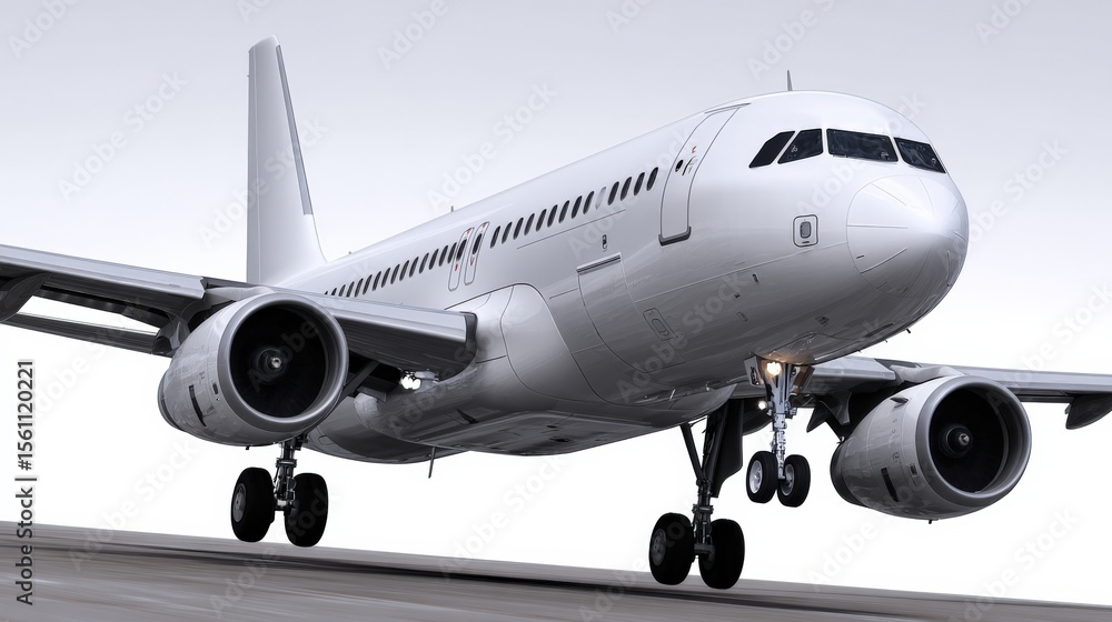Obraz premium Modern commercial airplane aircraft with wide fuselage large turbofan engines and extended wings on runway landscape