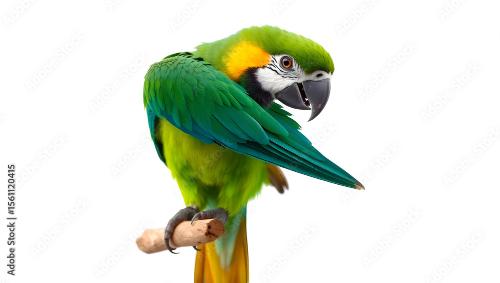 Obraz premium Colorful parrot perched against a clean white background, perfect for educational designs, wildlife art, and tropical-themed projects. 