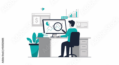 Man analyzing financial data on computer with magnifying glass at desk