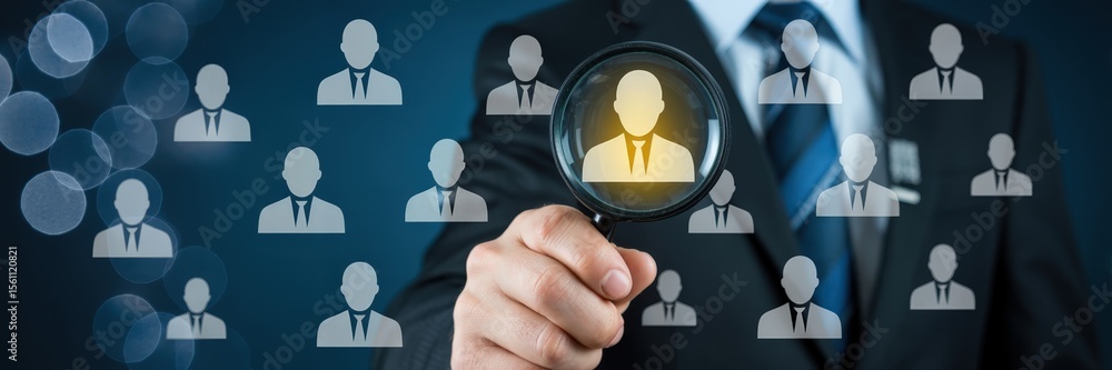 A hand holding a magnifying glass focusing on a person icon among many. A hand holding a magnifying glass focusing on a person icon among many.