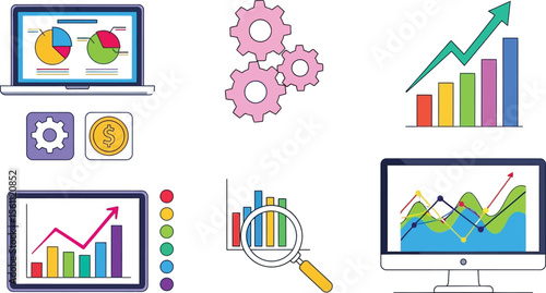 Illustration of business data charts on electronic devices and gears