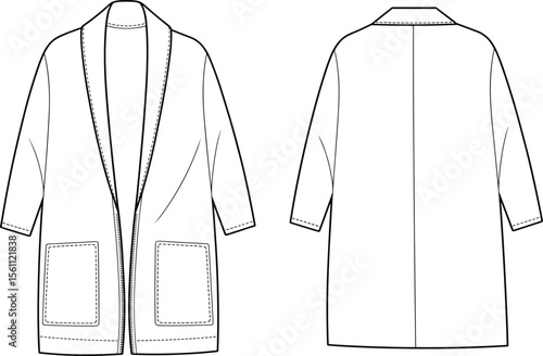 CAD drawing flat vector illustration of long cardigan, front and back views, shawl collar detail, oversized pockets, casual wear sketch, garment template, fashion design layout