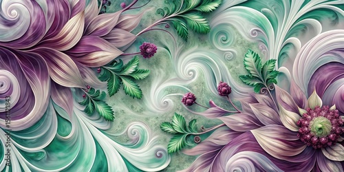 Whimsical Swirling Floral Design with Lush Purple Petals and Intricate Green Foliage