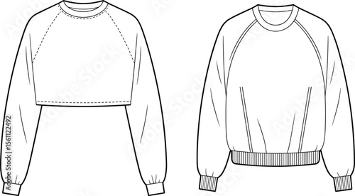 CAD drawing flat vector illustration of raglan sleeve sweatshirts, cropped and regular versions, front and back views, ribbed hem, detailed stitch lines, casual wear design, garment template
