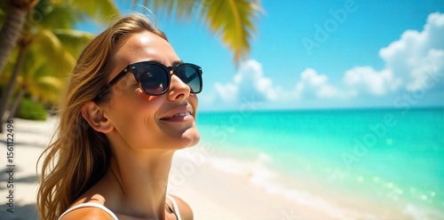 Fototapeta Naklejka Na Ścianę i Meble -  Relaxing on a Pristine Caribbean Beach Woman in Stylish Sunglasses Enjoying the Turquoise Ocean and Sunshine ? Perfect for Travel, Summer, and Vacation Marketing