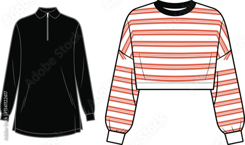 CAD drawing flat vector illustration of long sleeve polo shirt and striped crop top, front and back views, trendy womenswear, garment layout, casualwear fashion design template