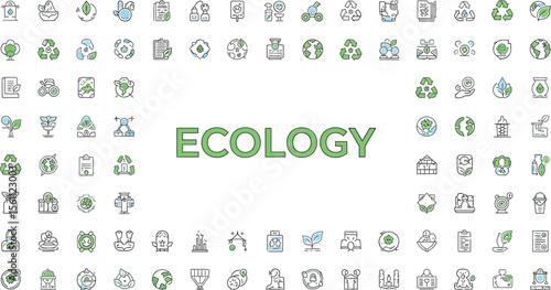 Illustration of ecology icons surrounding the word ecology in green