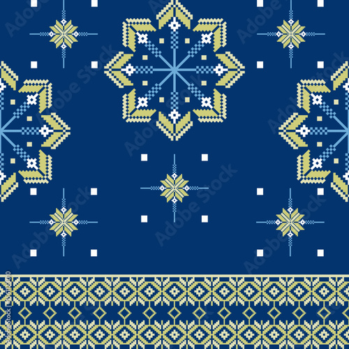 Yellow and blue cross-stitch ethnic seamless pattern in snowflake style. Ukrainian embroidery. Folk ornament. Pixel pattern. For wallpaper, elaborate borders, textiles, wrapping, and background.