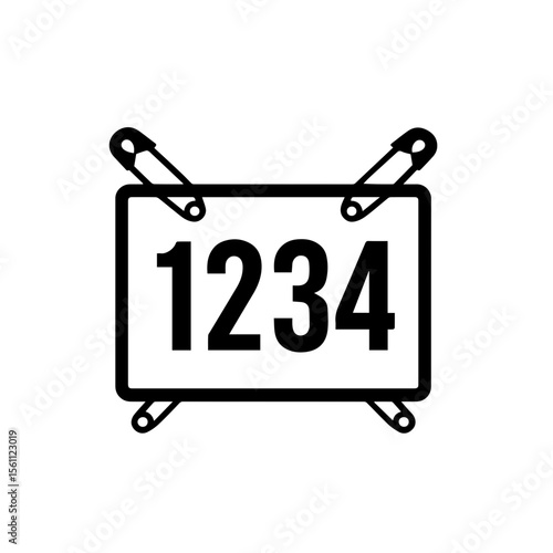 Bib number icon with rectangle bold digits and safety pins representing runner identification and race participant badge
