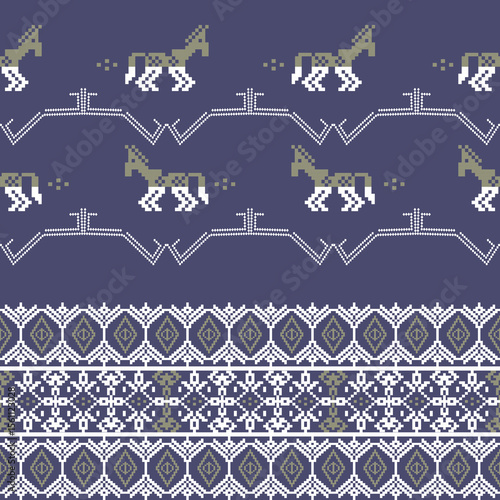 Horses in a cross-stitch seamless vector pattern on a blue background. Scandinavian style. Pixel pattern. Folk ornament. Ukrainian embroidery. For wallpaper, tapestry, rugs, curtains, and textiles.