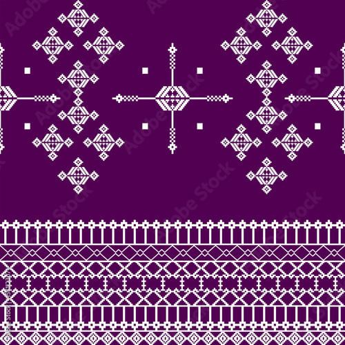 Cross-stitch ethnic boho seamless pattern on a purple background. Tribal pattern. Folk motif. Vector folk embroidery geometric shape seamless pattern. Ideas for carpet, tapestry, rugs, and tapestry.