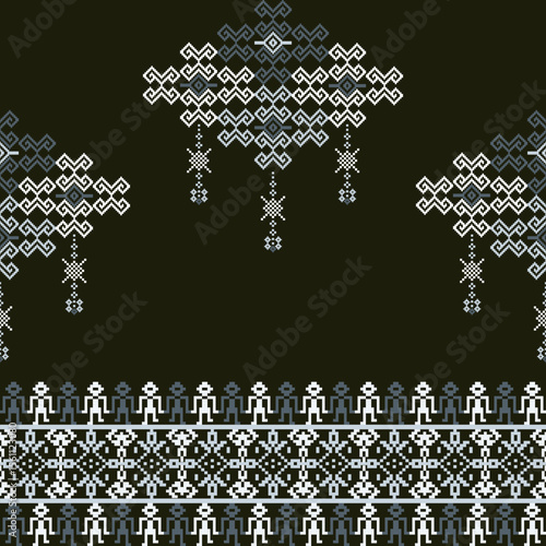 Cross-stitch ethnic boho on a black background seamless pattern. Weaving. Traditional ornament. Tribal pattern. Pixel pattern. For textiles, tapestry, curtains, and elaborate borders.