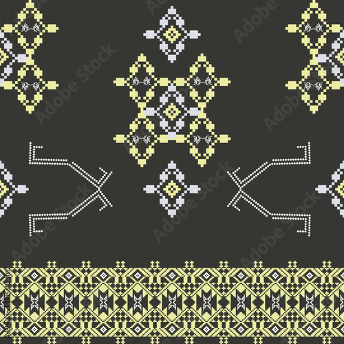 Yellow cross-stitch ethnic boho on a black background seamless pattern. Patchwork texture. Weaving. Traditional ornament. Tribal pattern. Pixel pattern. For textiles and elaborate borders.