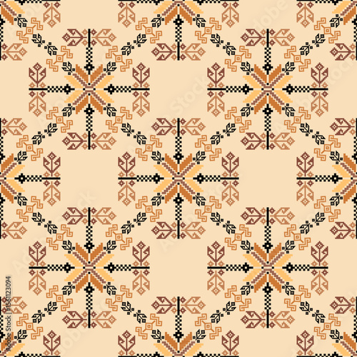 Brown floral cross-stitch ethnic boho seamless pattern. Tribal pattern. Ukrainian embroidery. Pixel pattern for wallpaper, elaborate borders, tapestry, rugs, curtains, and textiles.