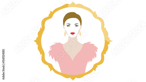 Elegant portrait of a woman in a gold frame with transparency for design projects