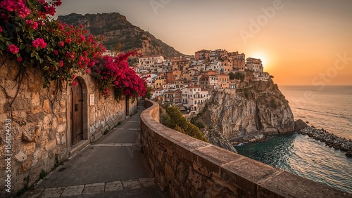 Fototapeta Naklejka Na Ścianę i Meble -  Mediterranean cliffside village switchbacks at sunset, stone walls, bougainvillea vines, coastal golden hour glow.