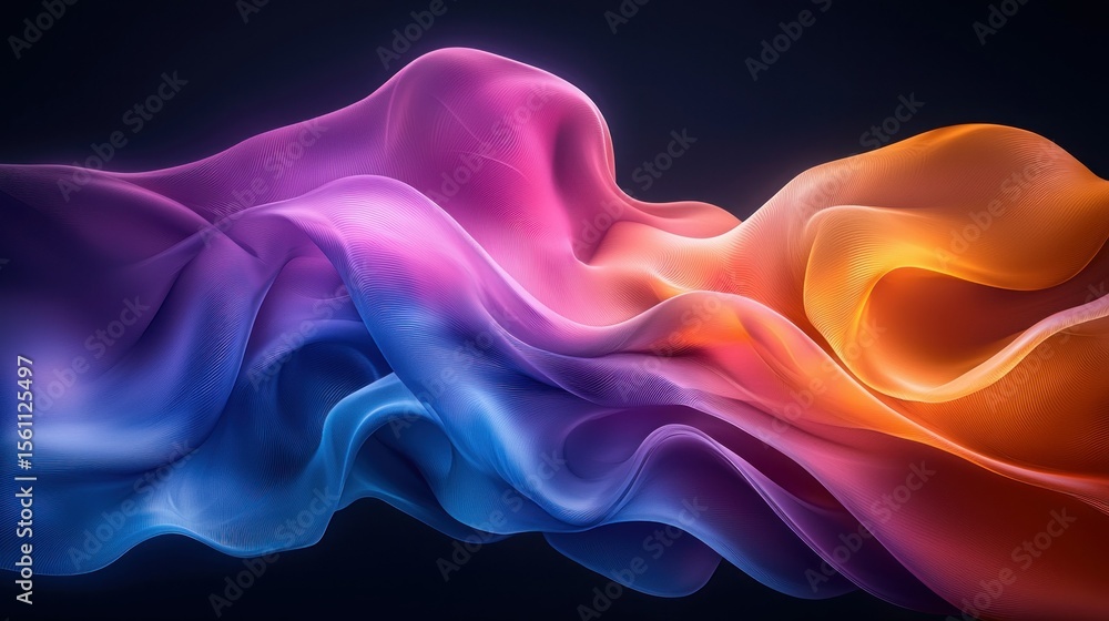 Obraz premium Abstract, vibrant, flowing fabric or smoke-like form in shades of pink, purple, blue, and orange. Dynamic, fluid, and smooth curves against a dark background. 