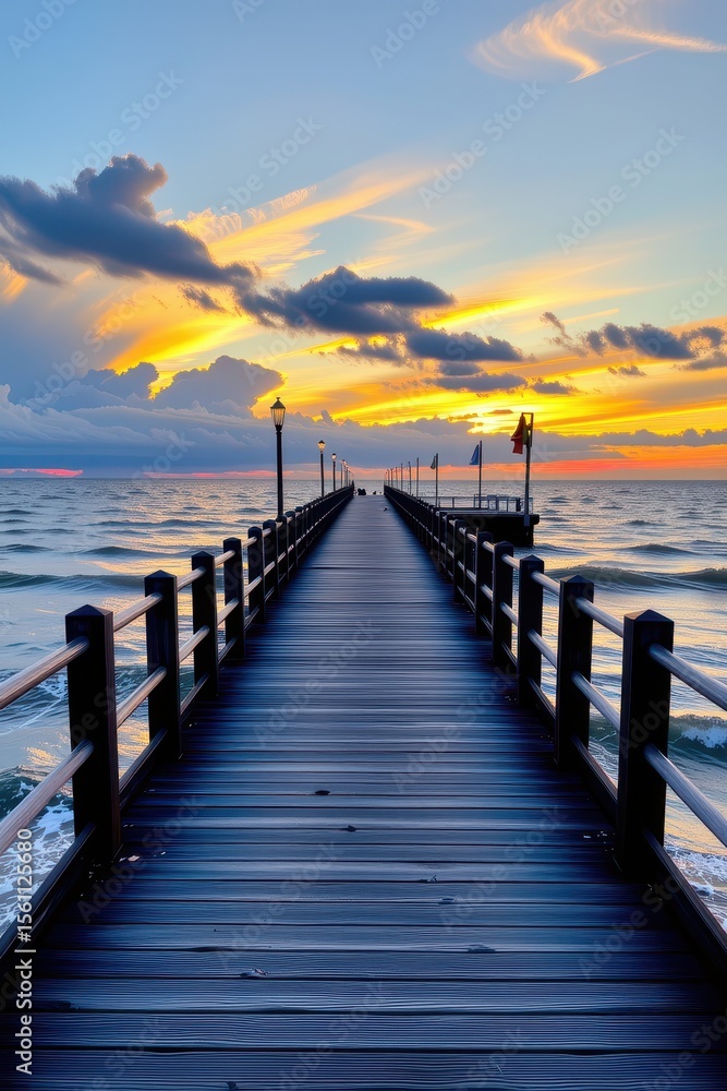 Obraz premium Serene Sunset Over the Ocean from Pier with Dramatic Cloudscape
