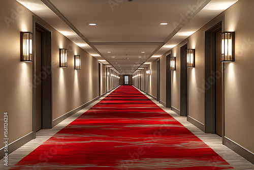 A long empty hotel hallway with red carpet