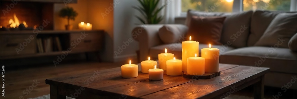 Cozy Living Room with Lit Candles Warm, Inviting Atmosphere, Soft Light, Home Decor Cozy Living Room with Lit Candles Warm, Inviting Atmosphere, Soft Light, Home Decor