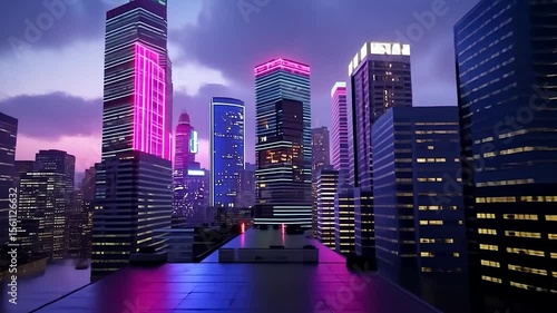 Cityscape video featuring neon lights on skyscraper buildings at dusk with various architectural styles and a rooftop foreground. The sky has a purple and blue gradient