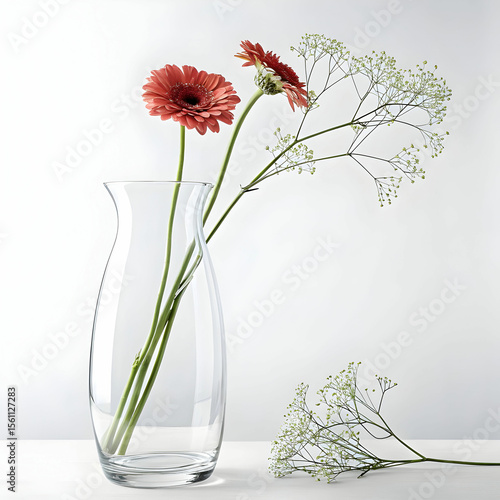 A transparent glass flower vase elegantly displays floral arrangements, adding a sleek