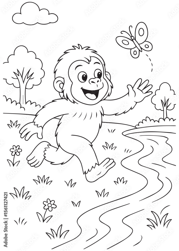 Obraz premium Coloring book of baby orangutan chasing butterfly near riverbank.