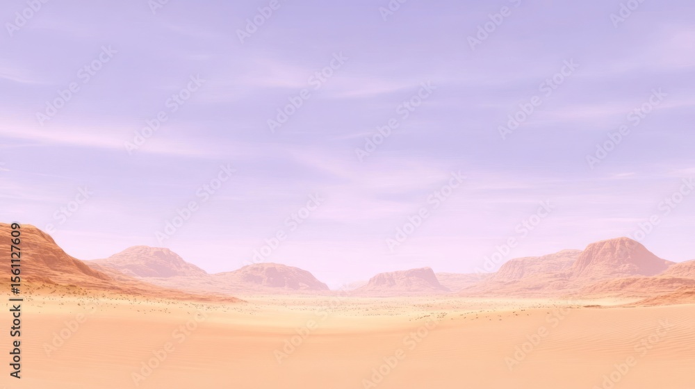 Naklejka premium Vast desert landscape under a pale sky. Gentle hills rise in the distance. Soft colors create a serene atmosphere..