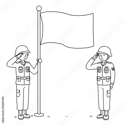 Two soldiers salute beside a flagpole in clean line art style.
