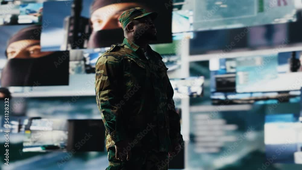 custom made wallpaper toronto digitalBlack army officer working in a virtual war zone with digital satellite data, using threat detection tools for national safety. Military strategy to ensure control in a mission. Camera B.