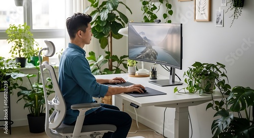 Wallpaper Mural A young man is working on a computer at a desk surrounded by plants in a bright, modern home office. Torontodigital.ca