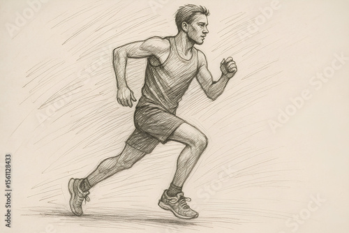 A pencil sketch of a male runner in motion, capturing dynamic energy through strong lines and shading. Athletic physique and speed are emphasized.
Keywords: sketch, runner, motion, athletic, drawi