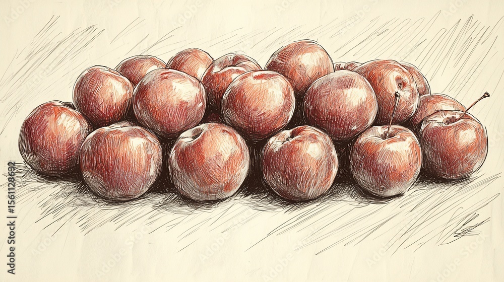 Obraz premium Pile of plump, reddish plums. Detailed illustration