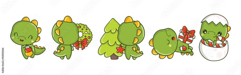 Fototapeta premium Cartoonish green dinosaur illustrations with Christmas themes