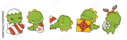 Cute green cartoon dinosaurs in holiday themes with eggshell ornament gift snowflake and Santa hat