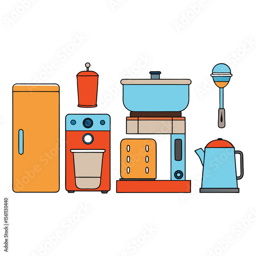 A modern set of kitchen appliances including a fridge, oven, microwave, blender, and toaster—sleek, efficient, and perfect for everyday cooking and meal prep.
