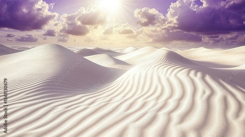 Naklejka premium Vast white sand dunes under a dramatic sunset sky.