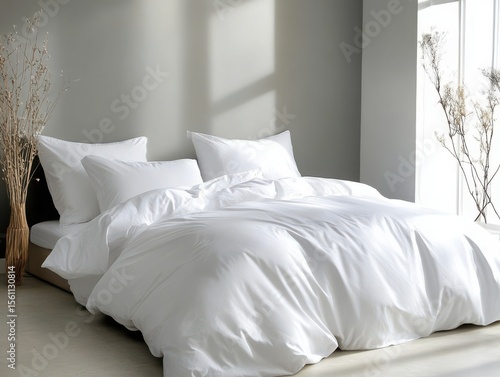 Clean White Duvet Cover and Pillowcases on Bed in Minimalist Bedroom
