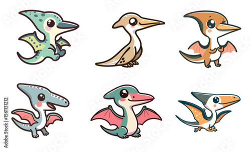 Six adorable cartoon pterodactyls with different color schemes and poses on a white background