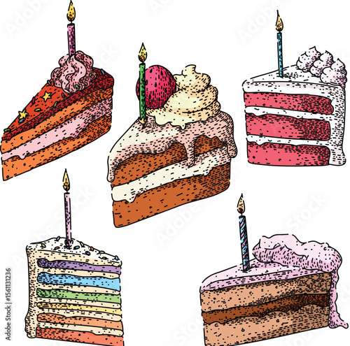 birthday cake piece set sketch hand drawn vector