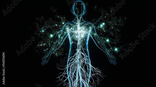 A glowing neural network branching into a human silhouette, connecting unexpectedly to other body systems.
