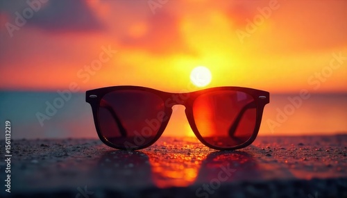 Wallpaper Mural Silhouette of sunglasses resting on a vibrant sunrise, reflecting the golden hour light Perfect for travel, summer, and vacation themes , ocean, idyllic, summer Torontodigital.ca