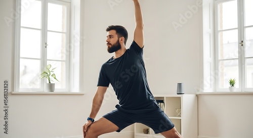 Wallpaper Mural A man practices yoga, stretching his arm upwards, indoors, near windows. Torontodigital.ca