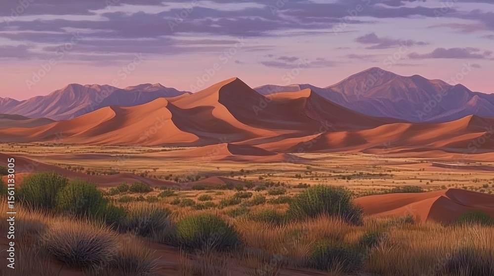Fototapeta premium Vibrant desert landscape at sunrise, with reddish dunes and distant mountains. Vast plains, sparse vegetation, and a serene atmosphere.