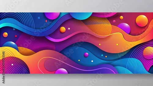 Vibrant Abstract Wave Design with Spheres and Geometric Patterns, Ideal for Modern Presentations and Digital Marketing Materials