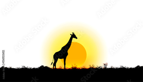 Bold Giraffe Silhouette Against Vibrant Orange Sunset in the Wild African Desert - Scenic Vector Art