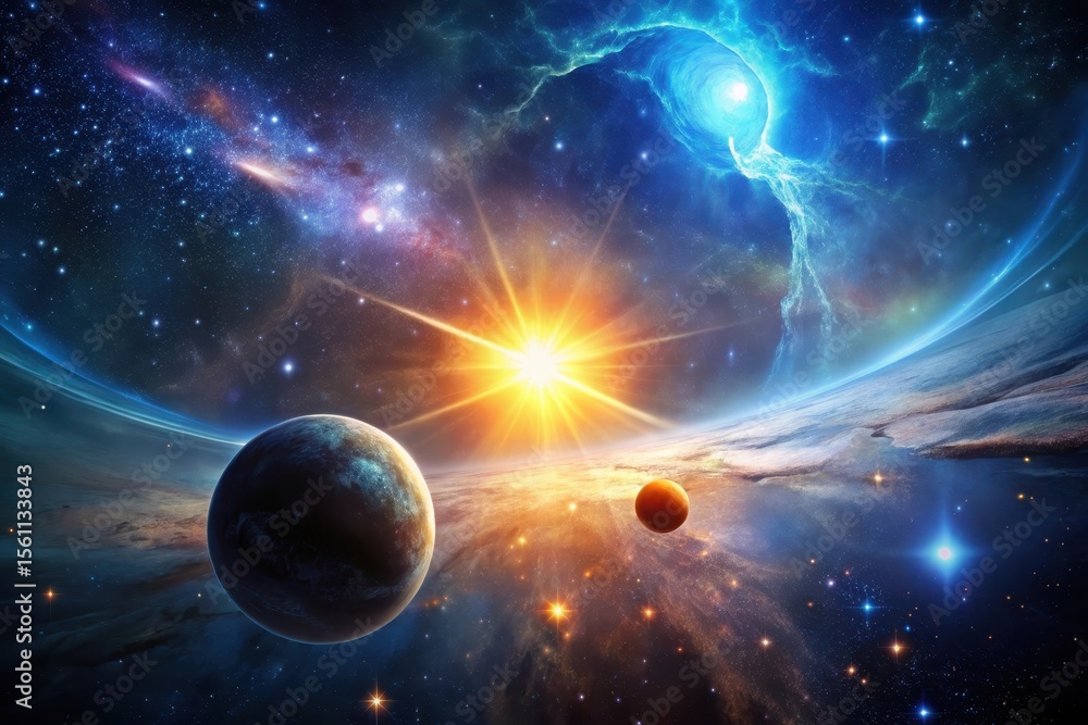 Obraz premium A Radiant Star Illuminates a Celestial Landscape Featuring Vibrant Nebulae and Two Planets Orbiting a Glowing Star