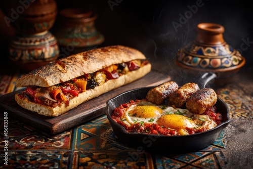 Traditional Shakshuka with Merguez Sausage and Mediterranean Veggie Sandwich on Rustic Table