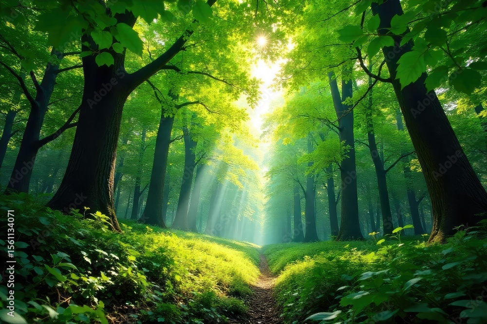 Fototapeta premium Lush green forest canopy, dappled sunlight filtering through leaves, vibrant foliage, tranquil nature scene Perfect for environmental, nature, and travel themes , twigs, nature